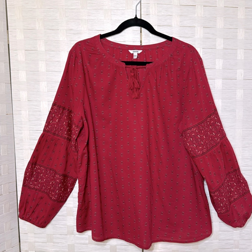 Sonoma Red Floral Mixed Print Boho Peasant Long Bubble Sleeve Size XL